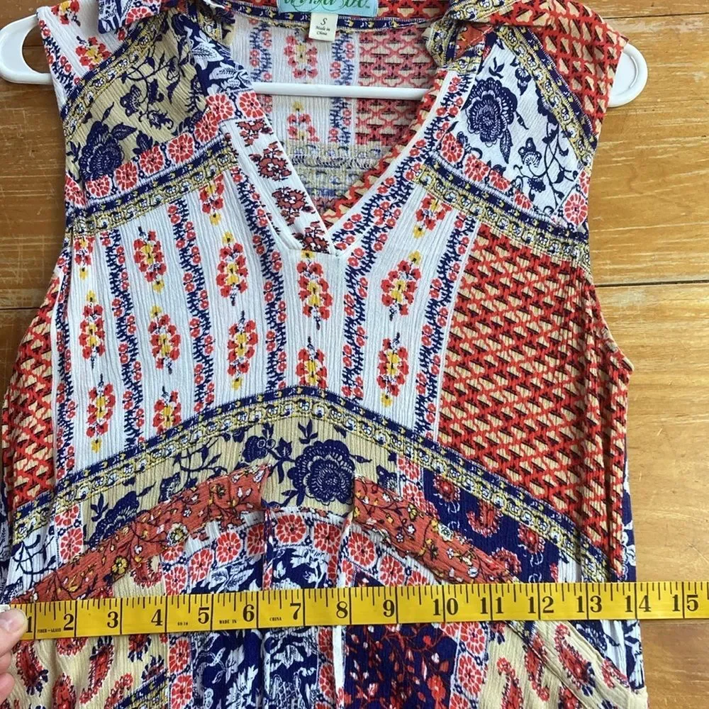 Dina Be Handkerchief Hem Floral Collared V-neck Sleeveless Drawstring Dress S - Picture 8 of 9